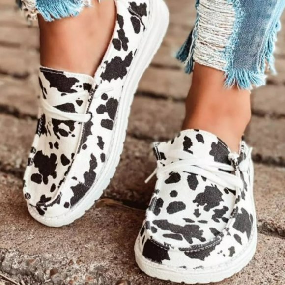 Shoes - Restocked!! Cow Print Lace Up Flat Sneakers - Similar to Hey Dude